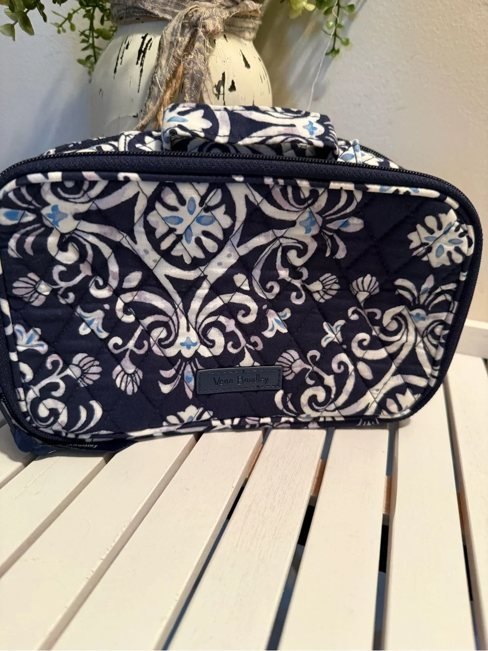 Vera Bradley Navy Floral Quilted Travel Case with Light Blue Accents NWOT